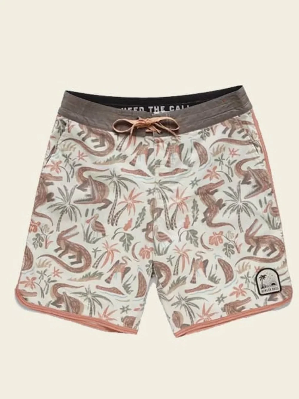 Howler Brothers Stretch Bruja Board shorts swim trunks. Lazy Gators: Egrets. 34